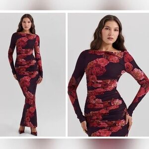 NWT house of cb lanetta ruched bateau neck Long Sleeve georgette dress size s